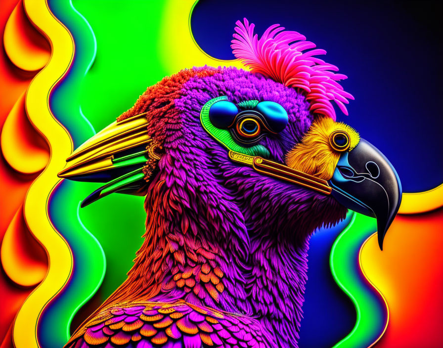 Colorful Parrot Digital Artwork with Neon Feathers & Psychedelic Background