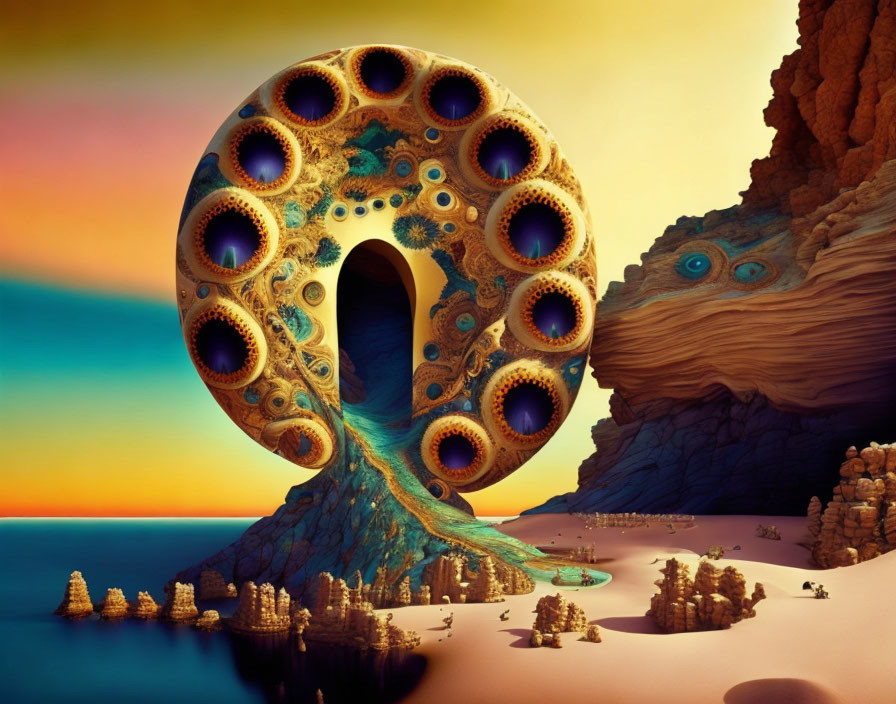 Fractal tree-like structure in surreal landscape with circular portals