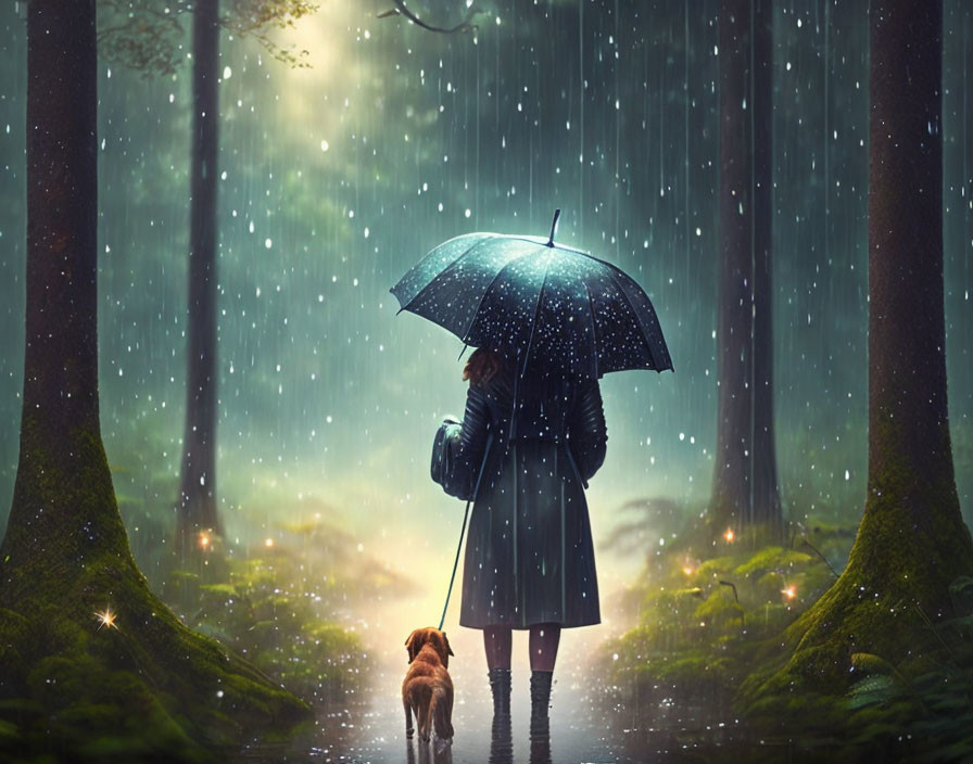 Person with Umbrella and Dog in Enchanted Rainy Forest