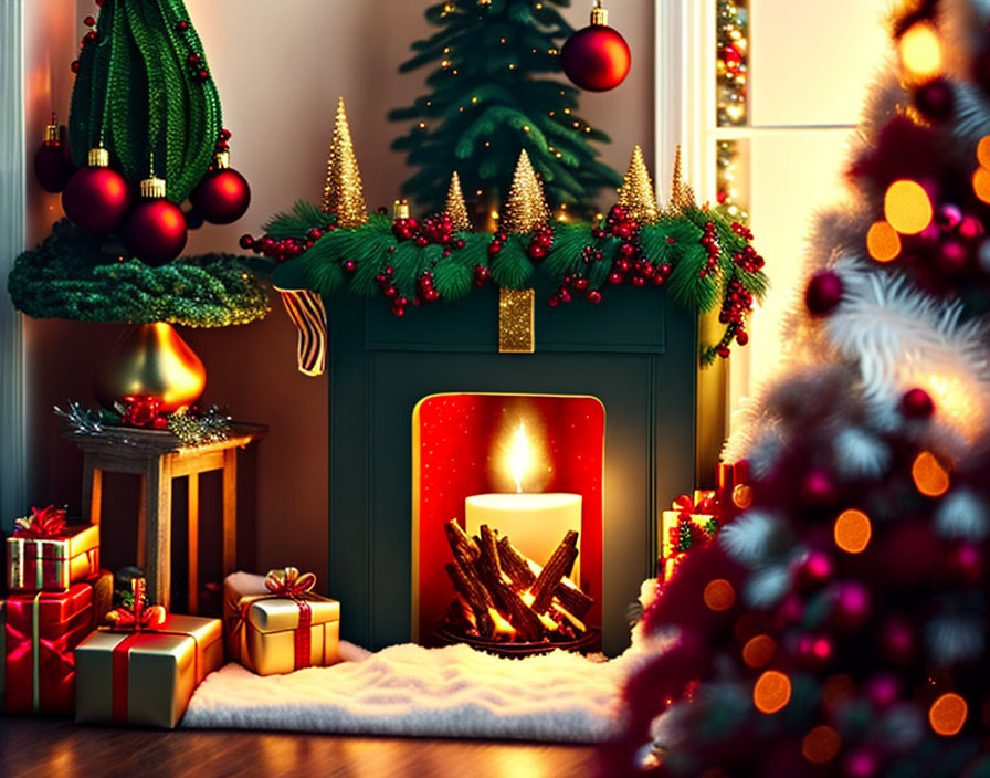 Festive Christmas fireplace with candle, trees, gifts, and lights