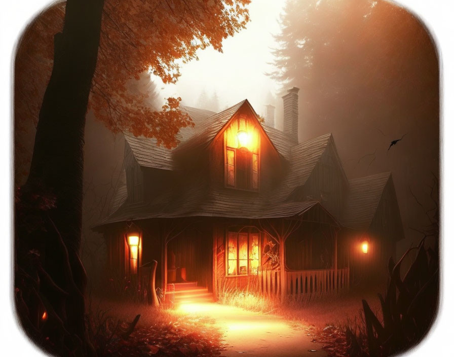 Autumnal forest cottage with warm glowing windows in misty setting