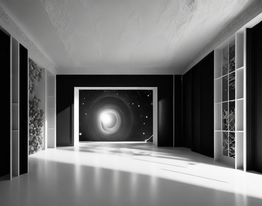 Monochrome modern room with surreal vortex and elegant windows