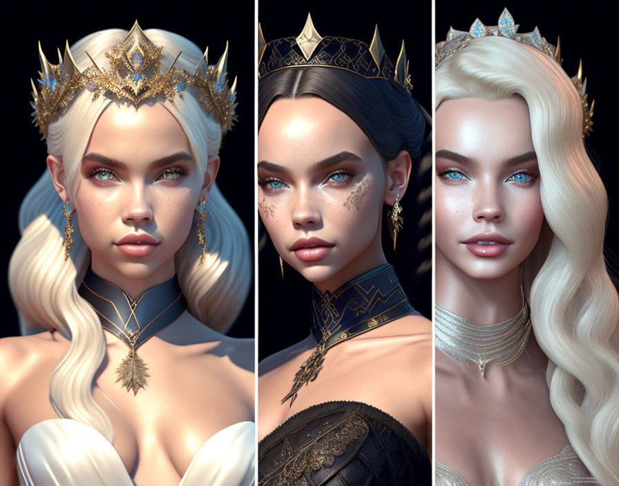 Three stylized portraits of a female character with a crown and intricate jewelry showcasing unique hairstyles and detailed facial