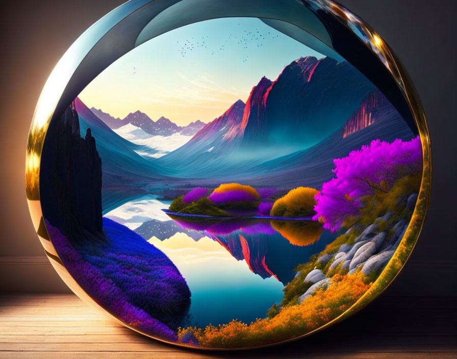 Vivid surreal landscape in reflective spherical artifact