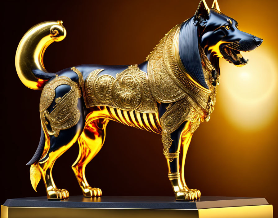 Stylized golden armored dog in 3D rendering