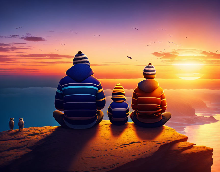 Four people in striped outfits at cliff enjoying ocean sunset with flying birds