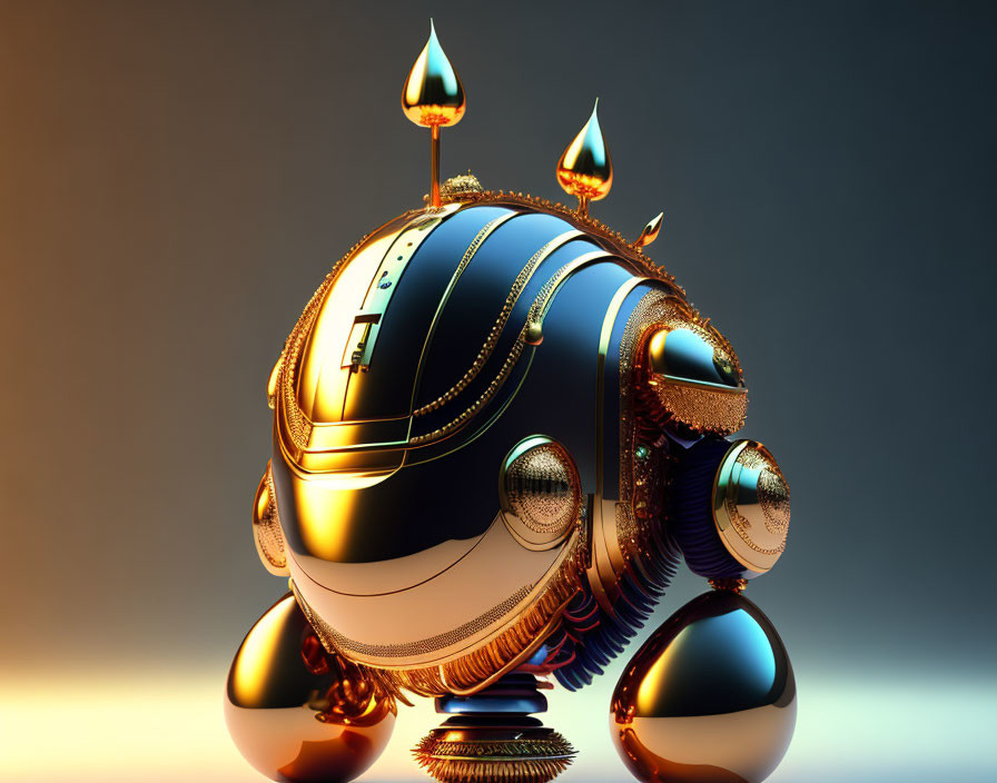 Ornate golden-black spherical robot with droplet-shaped appendages on gradient background