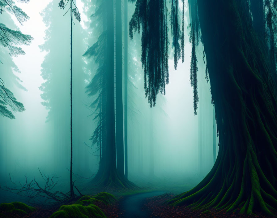 Tranquil Misty Forest with Towering Trees and Meandering Path