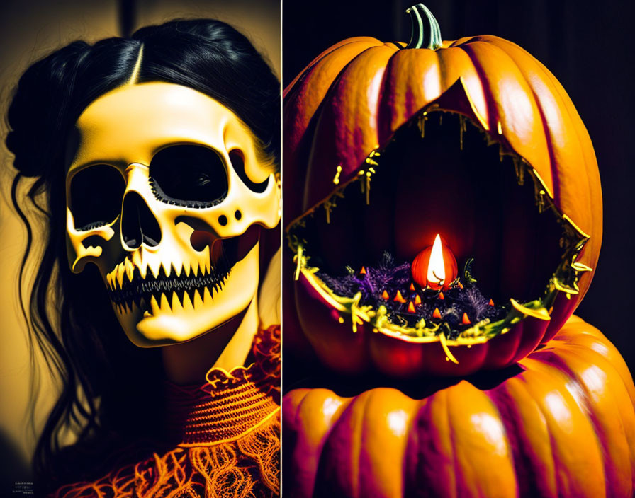 Skull mask wearer and illuminated pumpkin evoke Halloween vibes