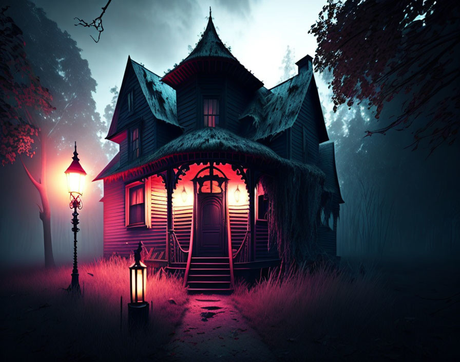 Victorian house at twilight with eerie blue and red lighting in foggy setting