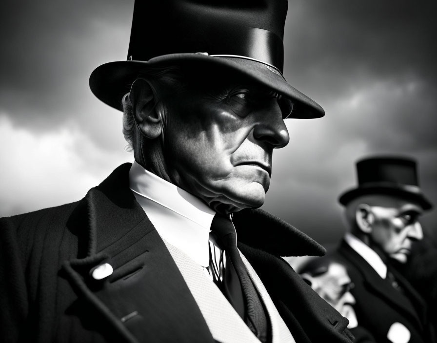 Monochrome picture of serious men in top hats and suits