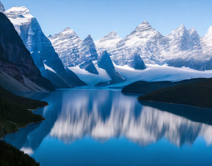 Snow-capped mountain peaks reflected in serene lake under clear blue sky