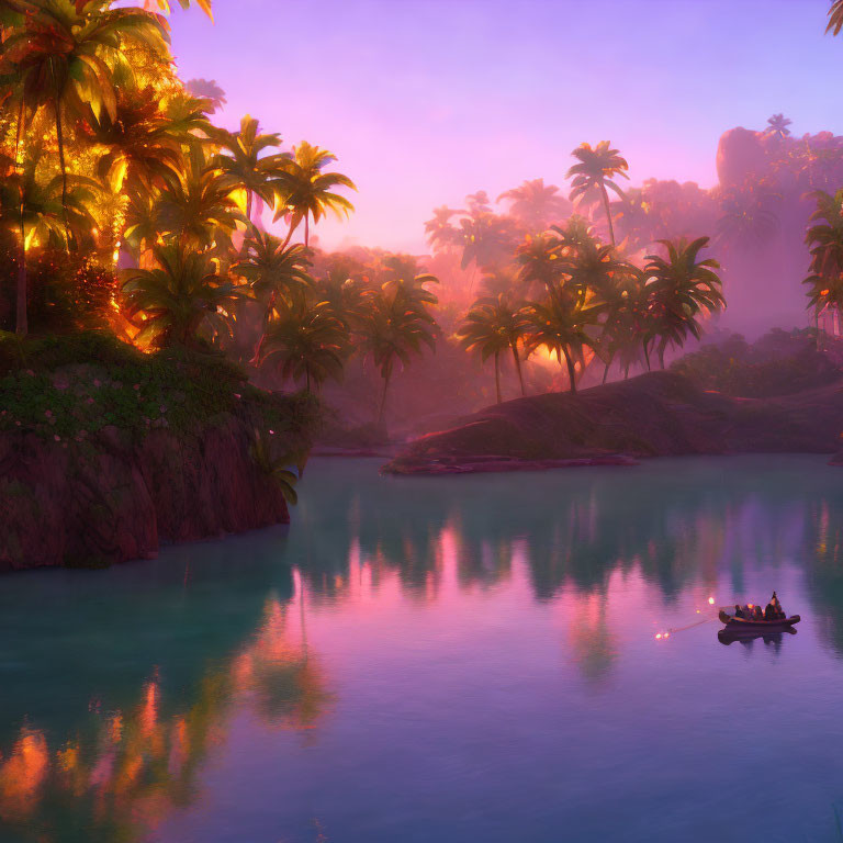 Tranquil tropical dusk scene with purple skies, teal lagoon, palm trees, glowing tree,