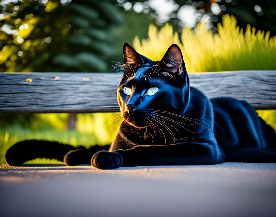 Black Cat with Yellow Eyes Lounging in Sunlight on Wooden Surface