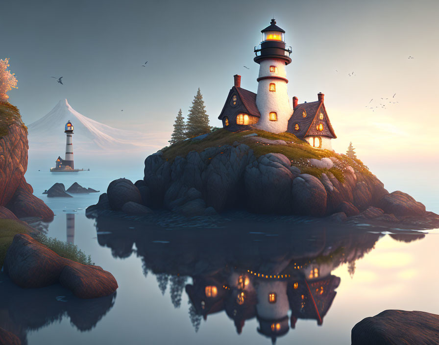 Scenic lighthouse on rocky outcrop at dusk