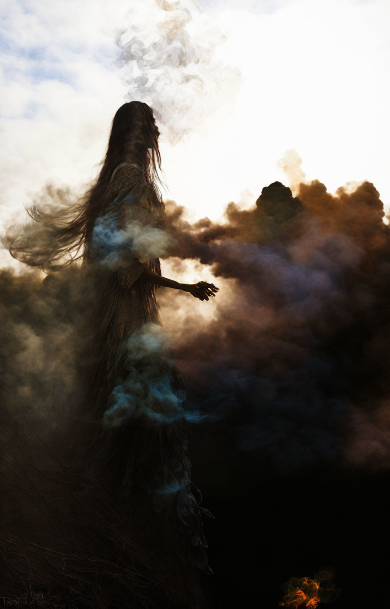 Silhouette of person with long hair in swirling smoke.