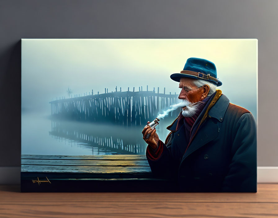 Realistic painting of elderly man smoking a pipe by foggy pier