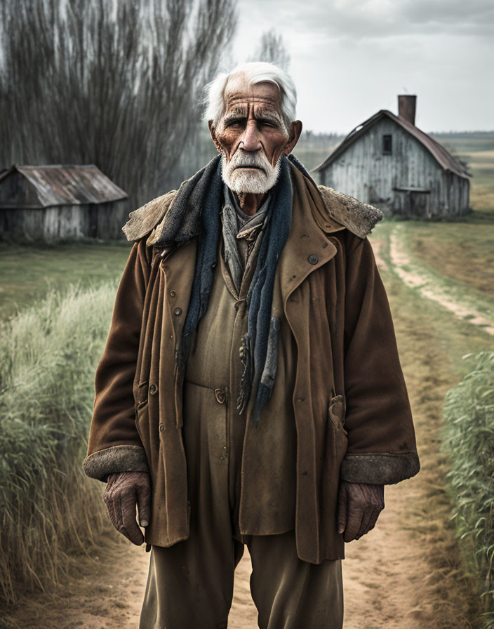 Elderly man in thick coat and scarf in rural setting