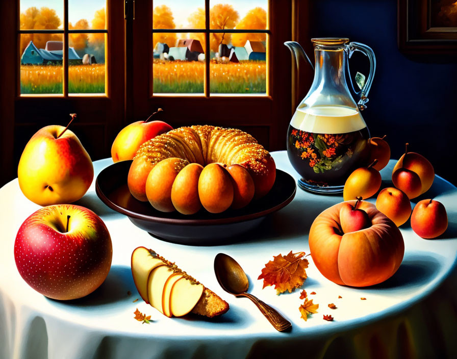 Classic Still Life Painting with Fruit, Pumpkin Pie, and Rural Scene