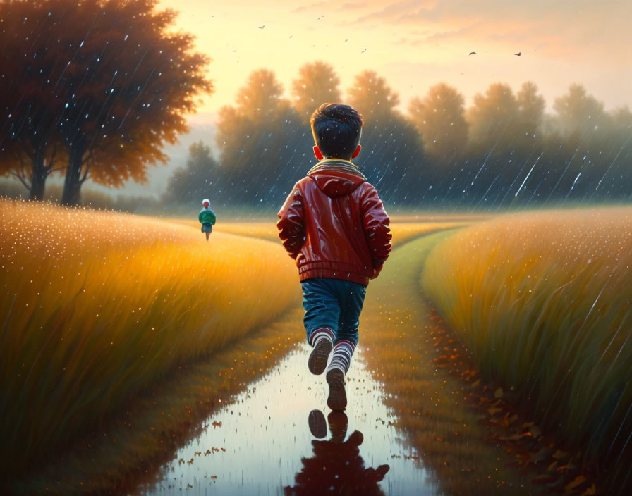 Boy in red jacket running on wet path through golden field towards smaller figure, with birds in dusky