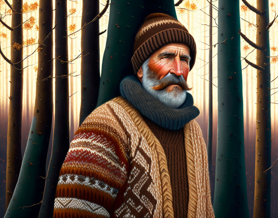 Elderly man with thick beard in sunlit forest with tall trees