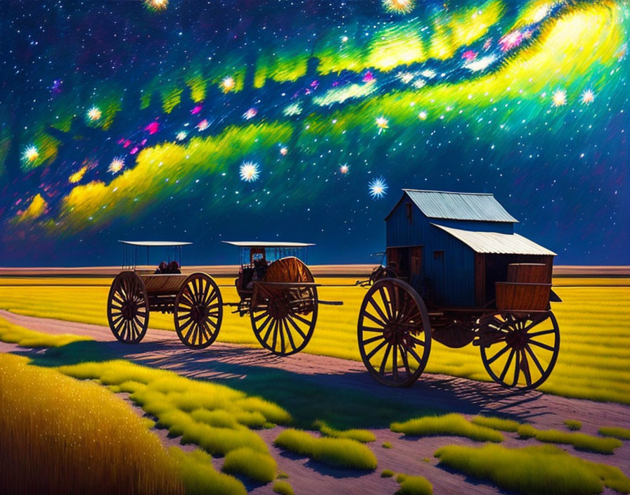 Vintage wagons under star-filled night sky on grassy field