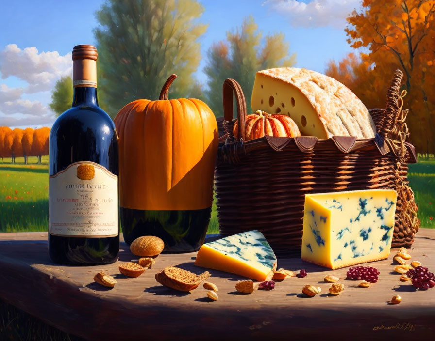 Autumn-themed still life with wine bottle, cheese, pumpkin, and berries