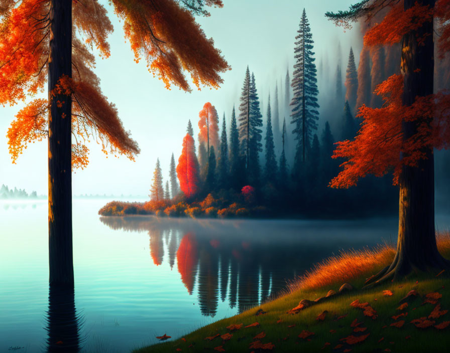 Autumnal scene: Still lake, mist, vibrant orange foliage, serene forest reflection