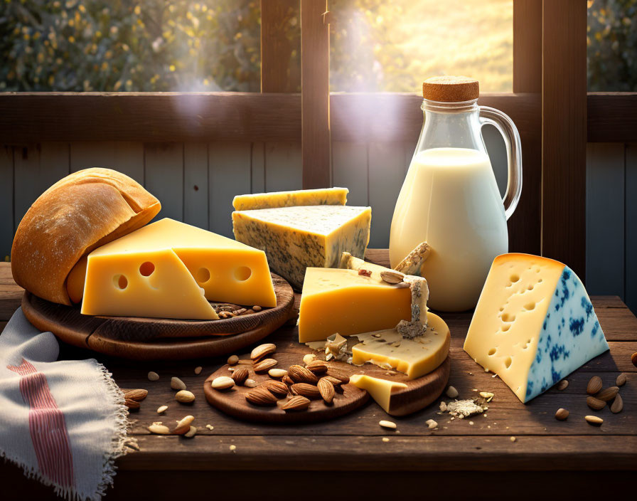 Assorted cheeses, almonds, milk, and bread on wooden platter with sunlight.