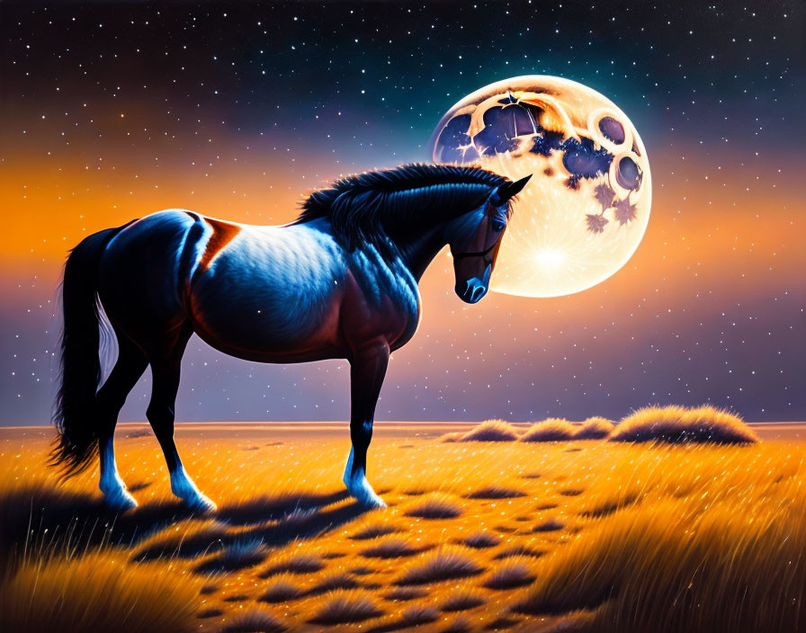 Horse in field under full moon and starry sky