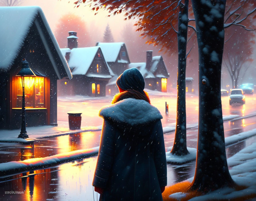 Person in Blue Beanie and Orange Scarf in Snowy Twilight Village