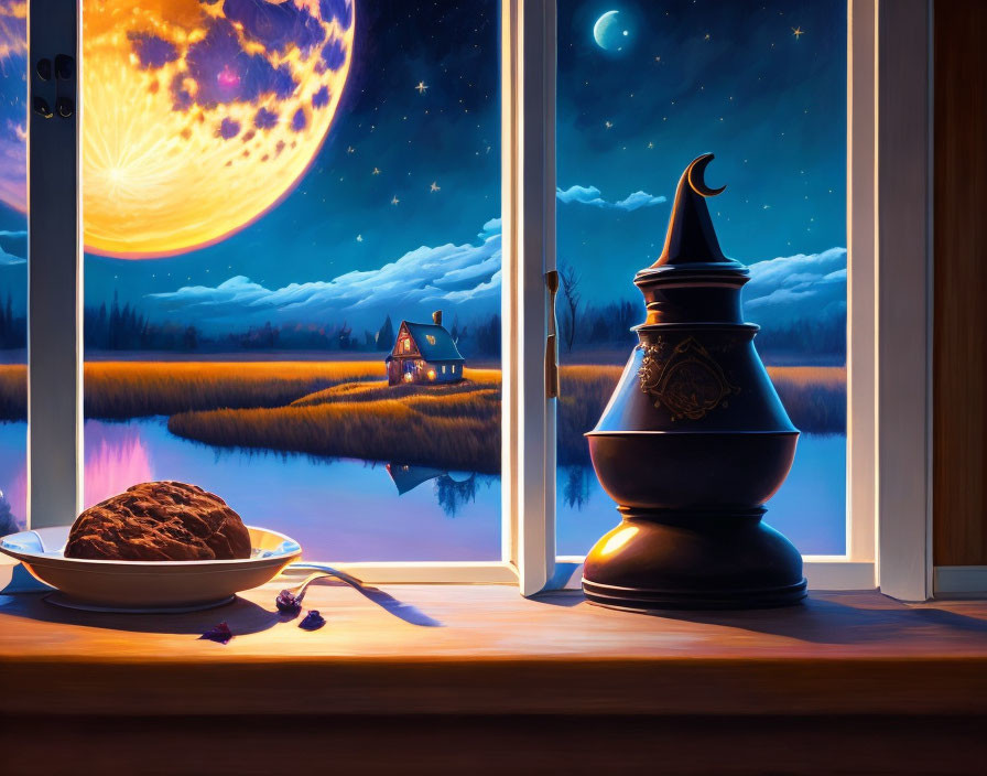 Surreal night scene with giant moon, small house, clay pot, bread on windowsill