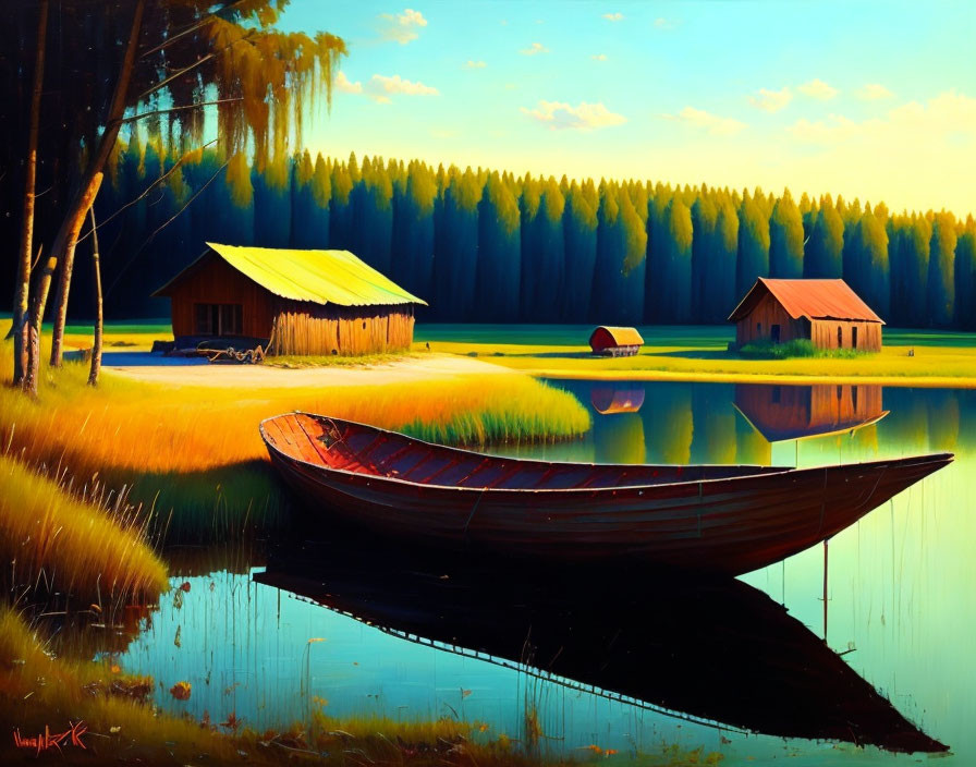 Tranquil lake with rustic wooden cabins & boat, lush forest, blue sky