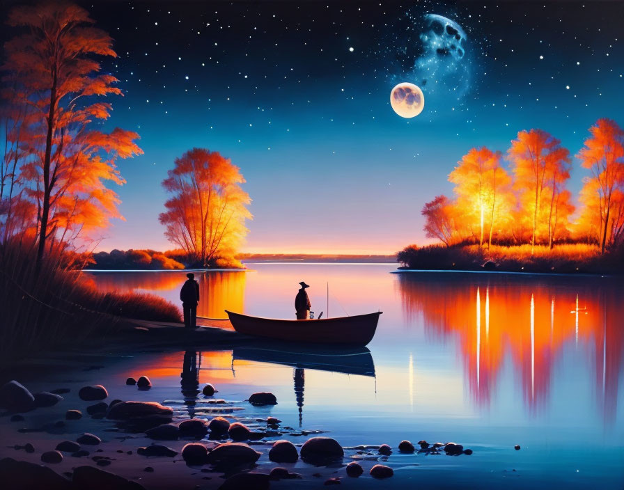 Tranquil night fishing scene under starry sky