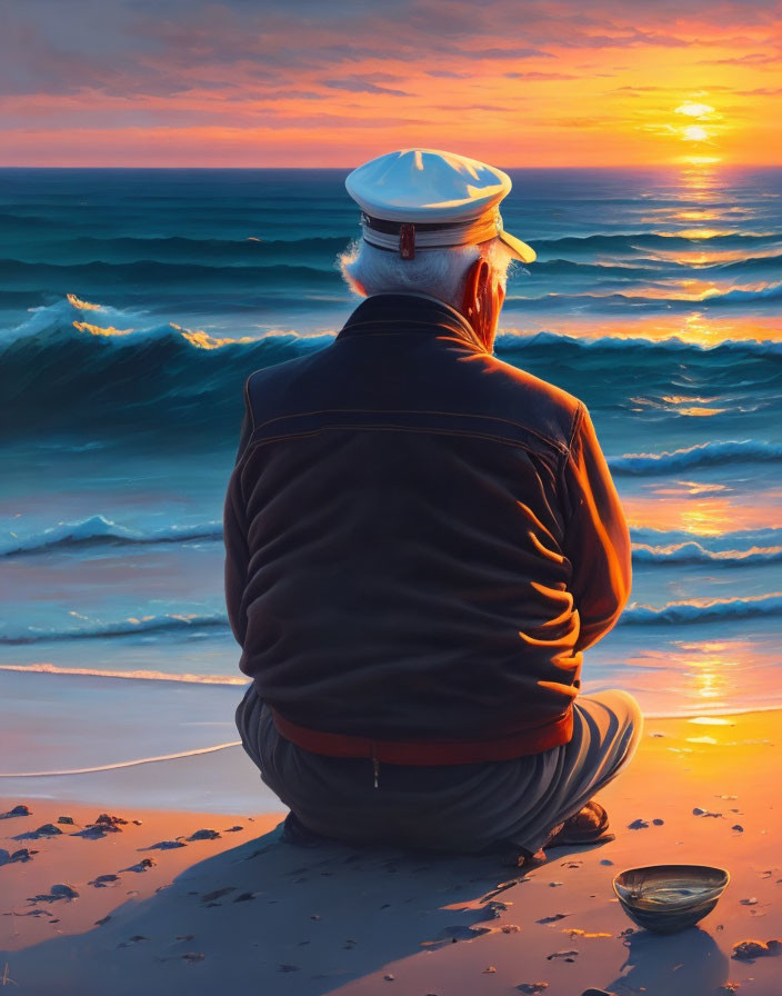 Elderly person in sailor's attire gazes at sea on beach at sunset