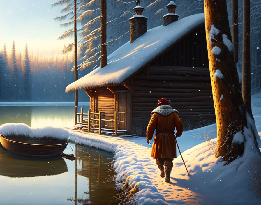 Person in winter coat walking to wooden cabin by snowy lakeside