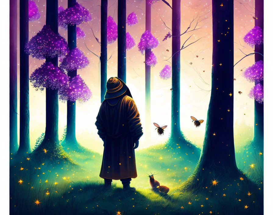 Enchanting forest scene with glowing purple trees, fireflies, butterflies