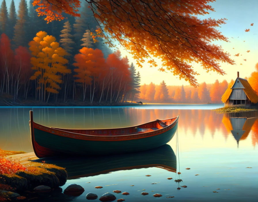 Tranquil autumn lake with boat and wooden cottage in fall foliage.