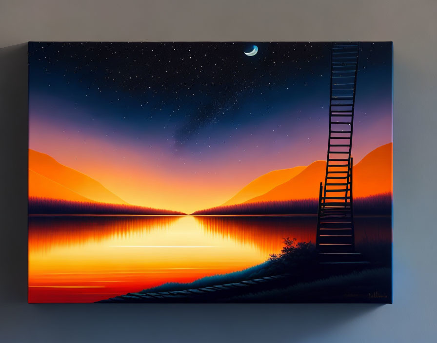 Surreal sunset painting with lake, hills, starry sky, and moon ladder