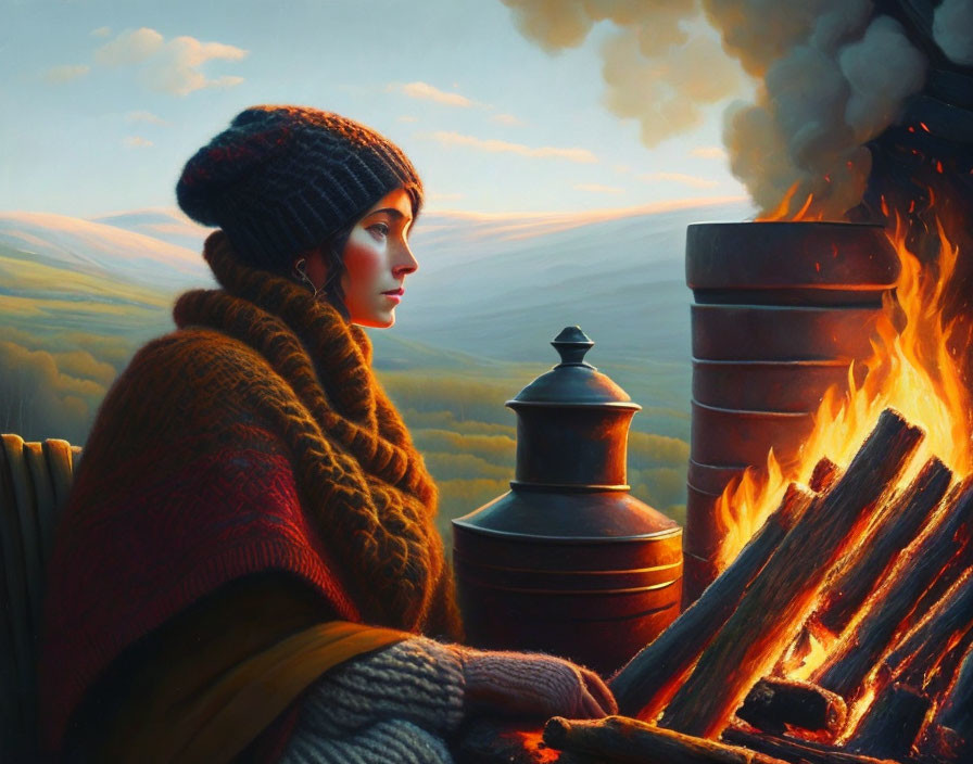 Woman in warm clothing by campfire with metal pot, hills in background