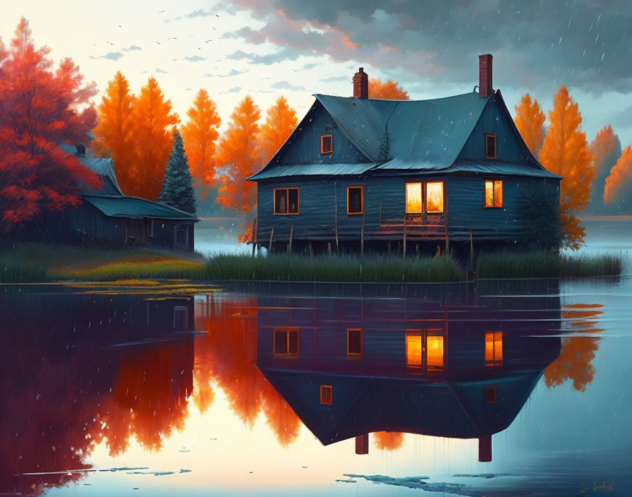 Tranquil Lakeside Twilight Scene with Cozy House and Autumn Foliage