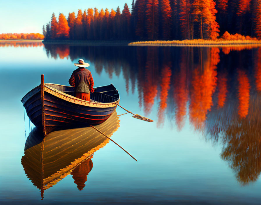 Person in hat on wooden boat on tranquil lake with autumn trees reflection