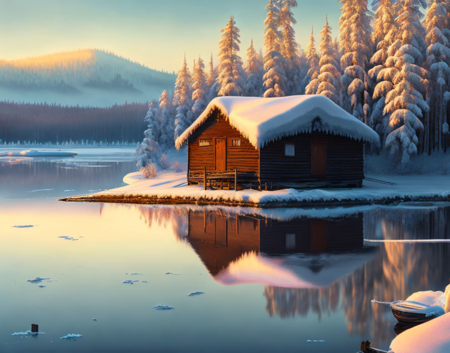 Snow-covered log cabin by calm lake in serene winter scene