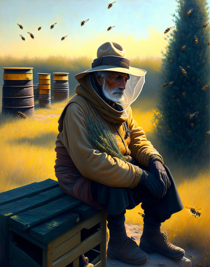 Elderly beekeeper in golden field at sunrise or sunset