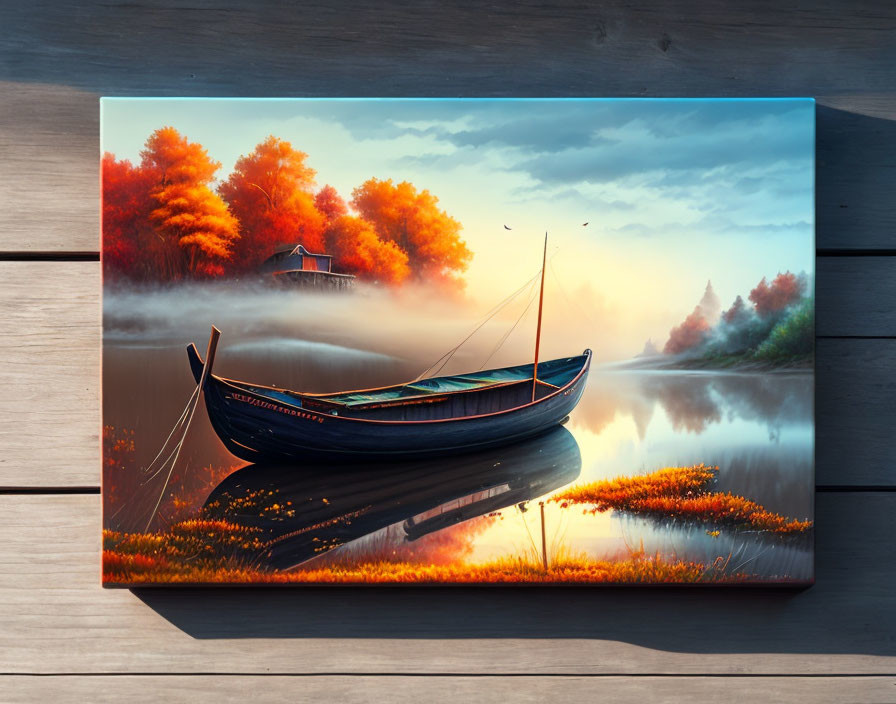 Autumn lake scene with boat on canvas.