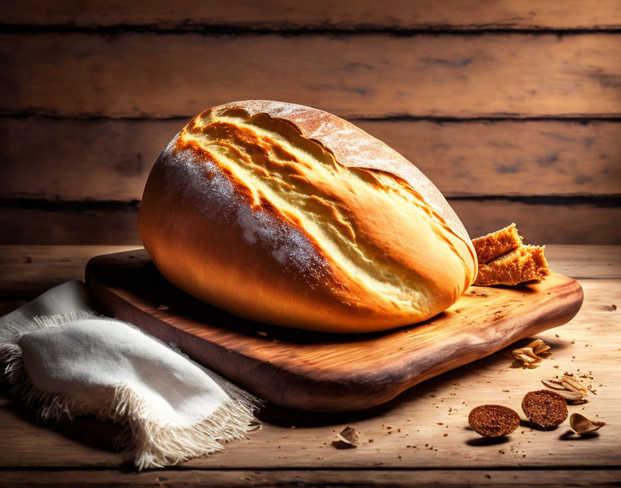 Fresh loaf of bread on wooden cutting board with crumbs and cloth on rustic backdrop