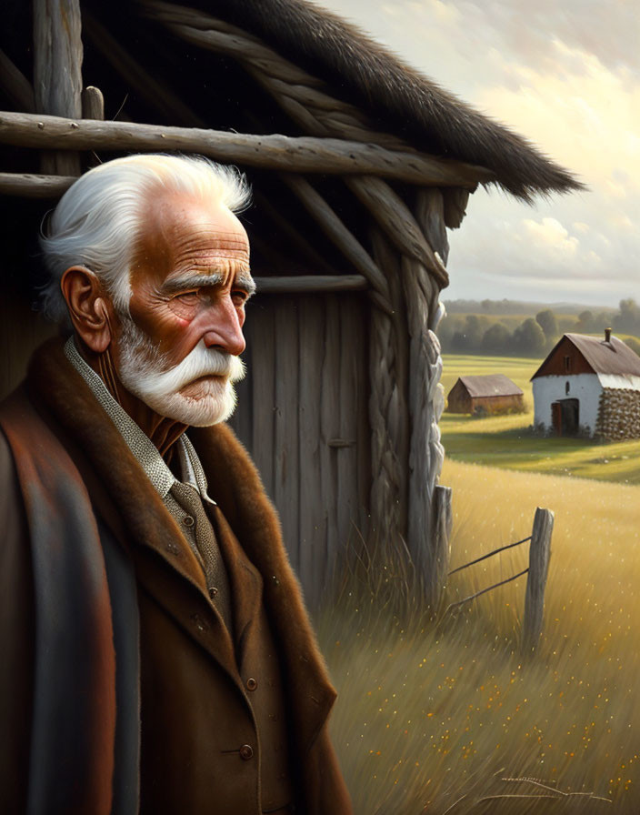 Elderly man with white hair and mustache outside rustic hut overlooking serene farmland.