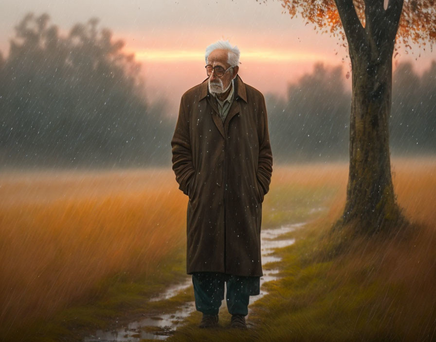 Elderly person in long coat and glasses standing on muddy path under gentle rain at sunset