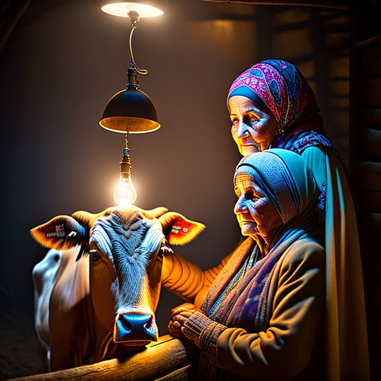 Elderly women with headscarves next to cow in warm barn setting