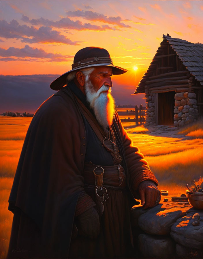 Elderly bearded man in period clothing near stone wall at sunset